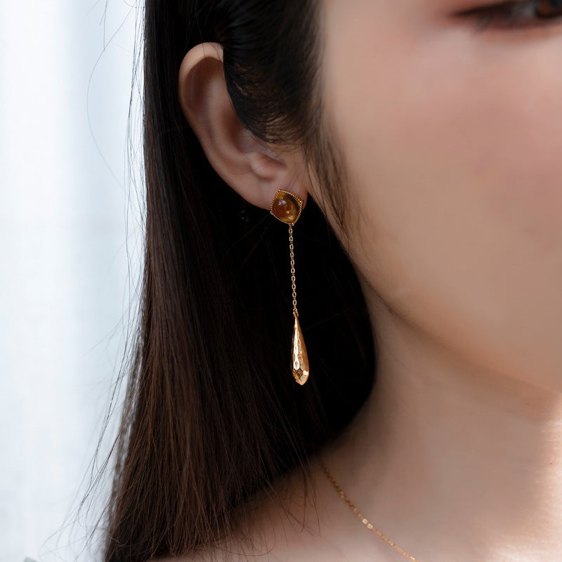 S925 Sterling Silver Jewelry Earrings Citrine Gemstone Tassels Style Drop Earrings