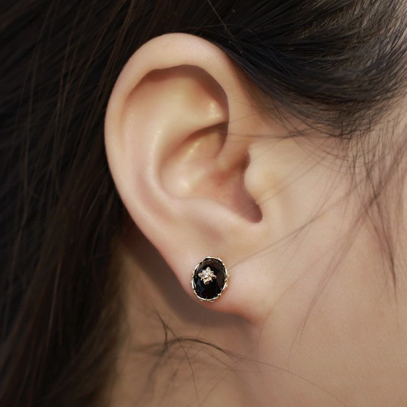 S925 Sterling Silver Jewelry Earrings Natural Black Onyx Gemstone Vintage Oval Stud Earrings