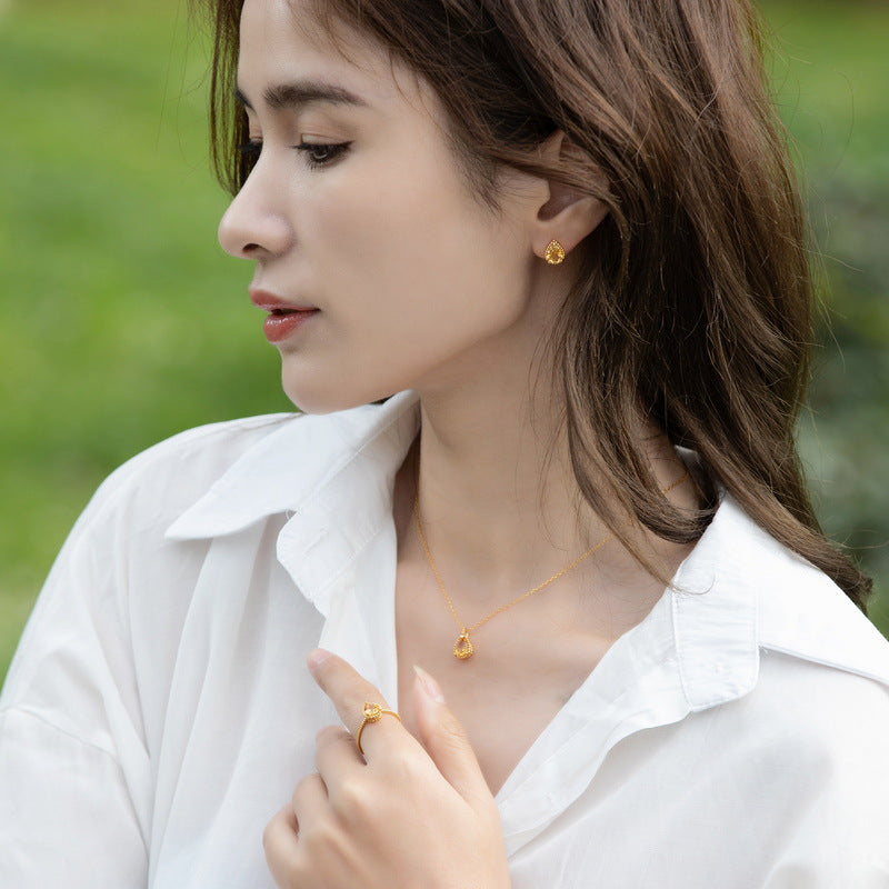 S925 Sterling Silver Jewelry Earrings Natural Citrine Gemstone Water Drop Style Stud Earrings