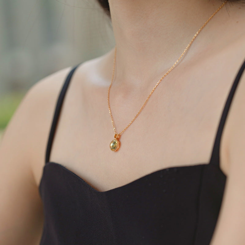 S925 Sterling Silver Jewelry Necklace Natural Amber Geometric Round Style Charms Necklaces
