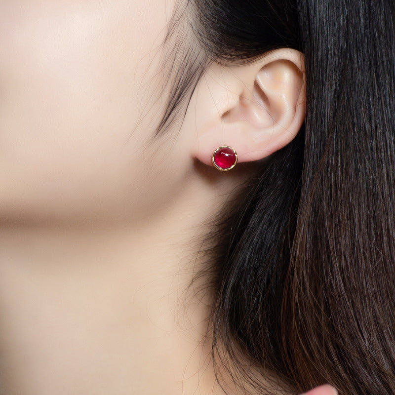 S925 Sterling Silver Jewelry Earrings Red Corundum Gemstone Fashion Stud Earrings