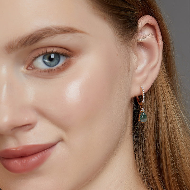 S925 Sterling Silver Jewelry Earrings Natural Moss Agate Gemstone Novel Water Drop Earrings
