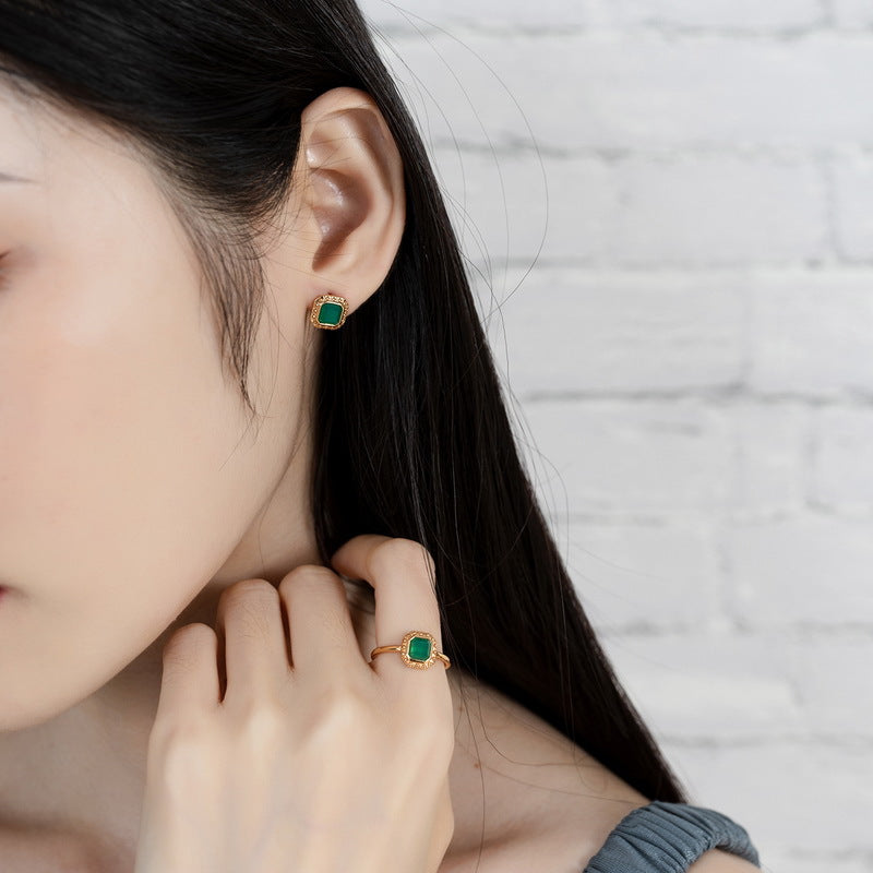 S925 Sterling Silver Jewelry Ring Natural Green Agate Gemstone Vintage Palace Style Rings