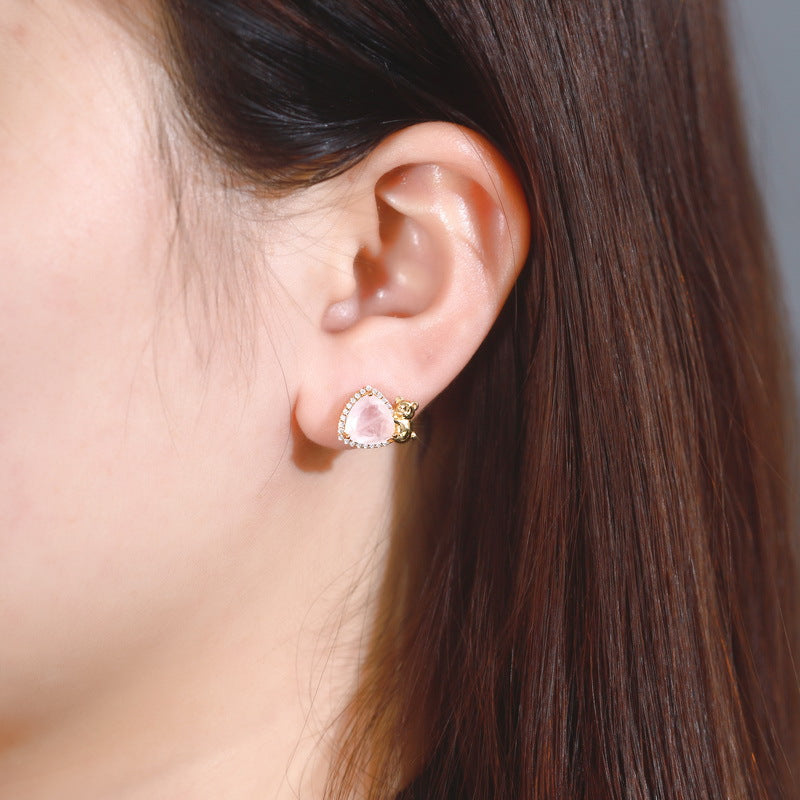S925 Sterling Silver Jewelry Earrings Natural Rose Quartz Little Bear Triangle Style Earrings