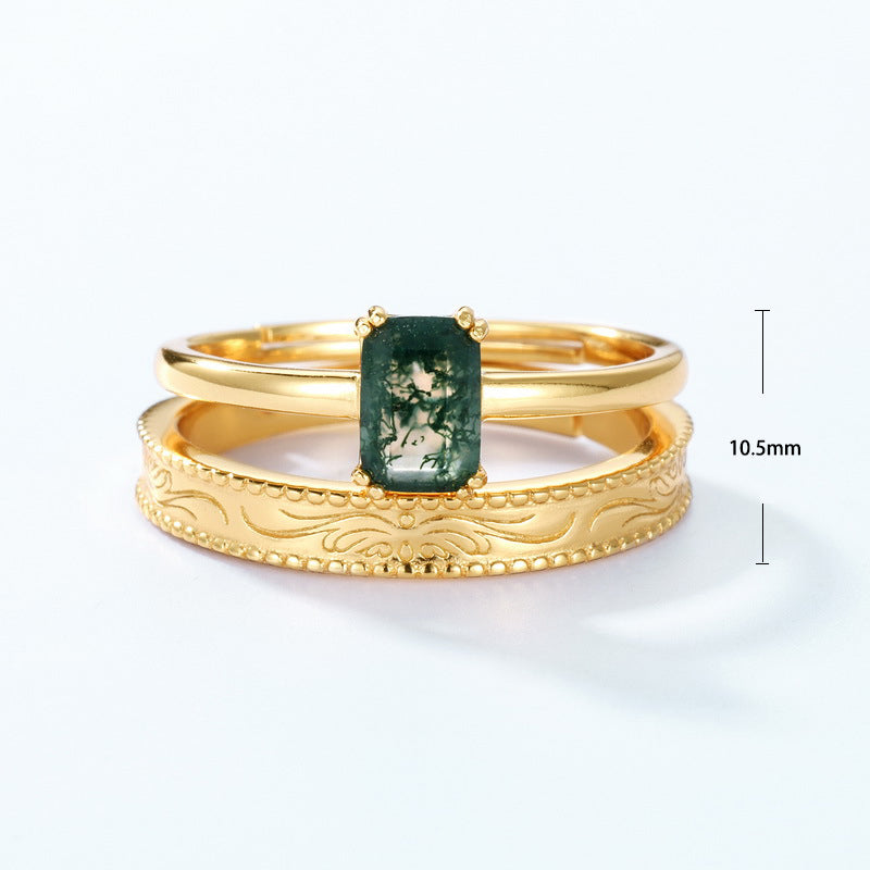 S925 Sterling Silver Jewelry Ring Natural Moss Agate Gemstone Gold Plating Stacking Rings