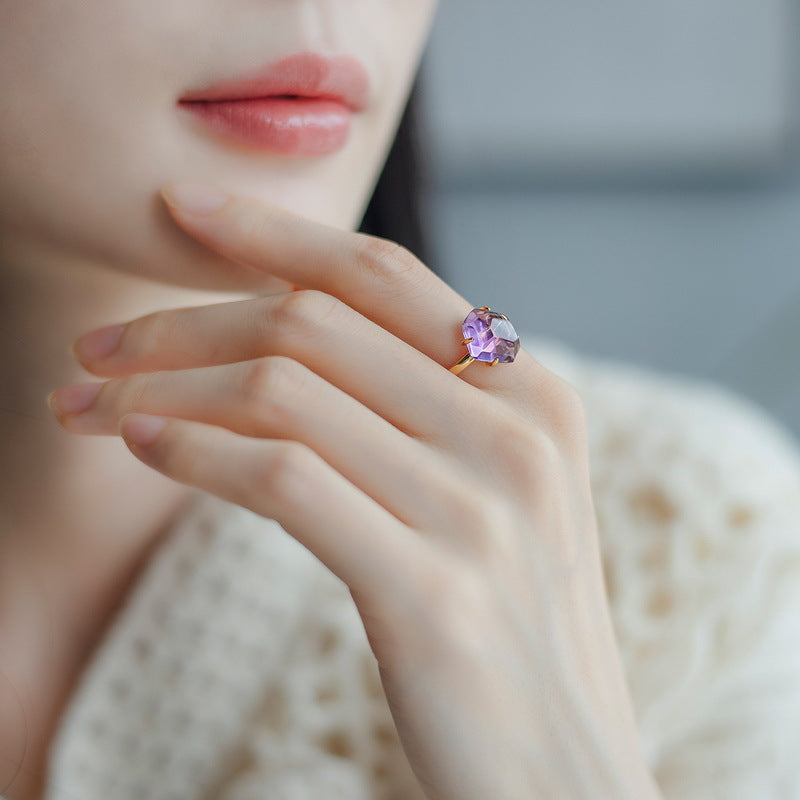 S925 Sterling Silver Jewelry Ring Natural Amethyst Gemstone Irregular Style Rings
