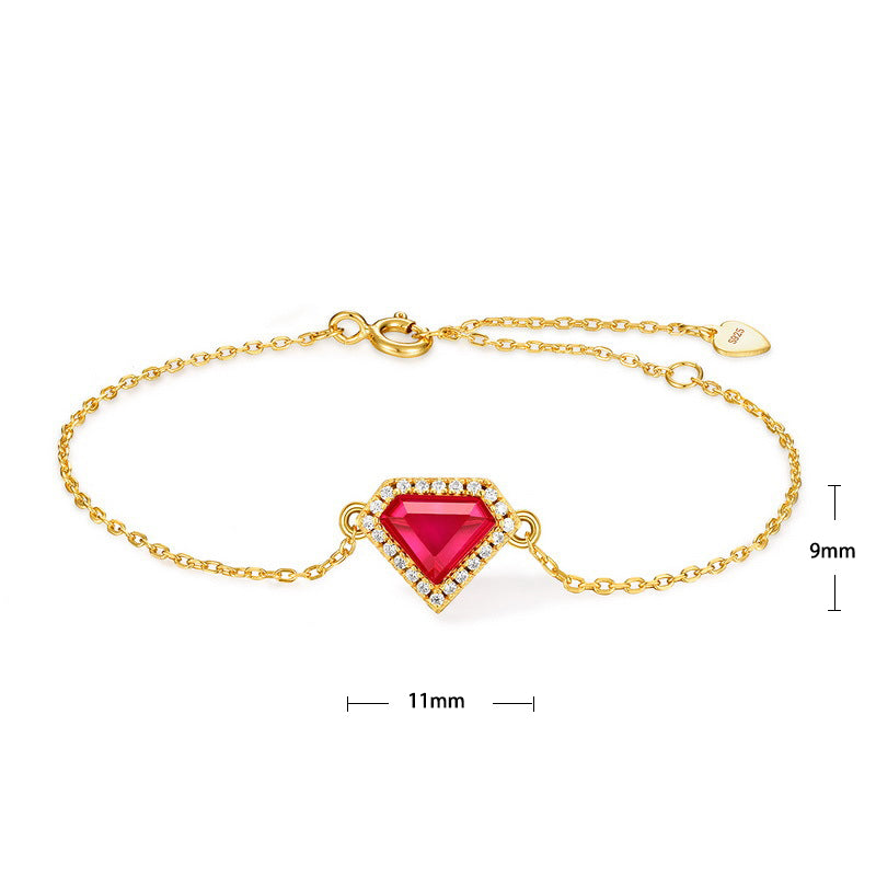 S925 Sterling Silver Jewelry Bracelet Red Corundum Gemstone Shield Style Bracelets