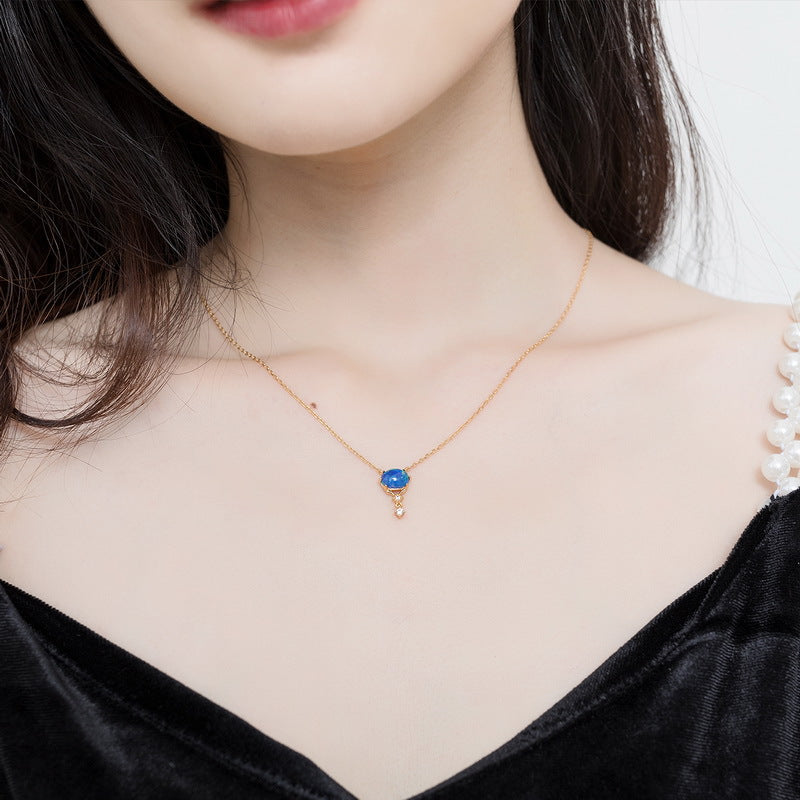 S925 Sterling Silver Jewelry Necklaces Blue Opal Gemstone Simple Luxury Choker Necklace