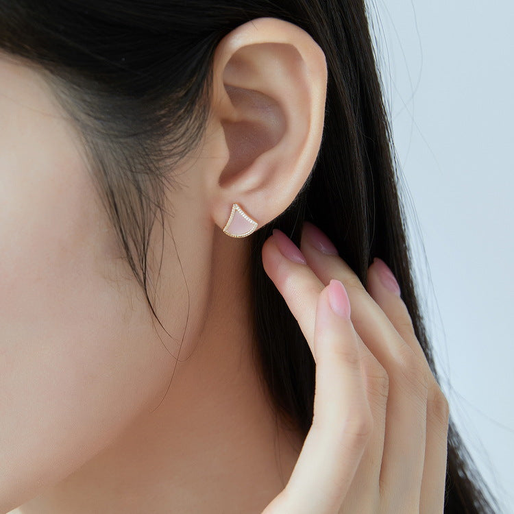 S925 Sterling Silver Jewelry Earrings Natural Pink Shell Gemstone Geometric Sector Style Earrings