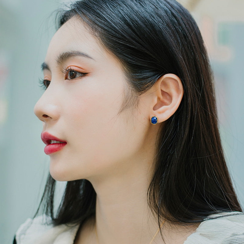 S925 Sterling Silver Jewelry Earrings Natural Lapis Lazuli Gemstone Simple Luxury Earrings