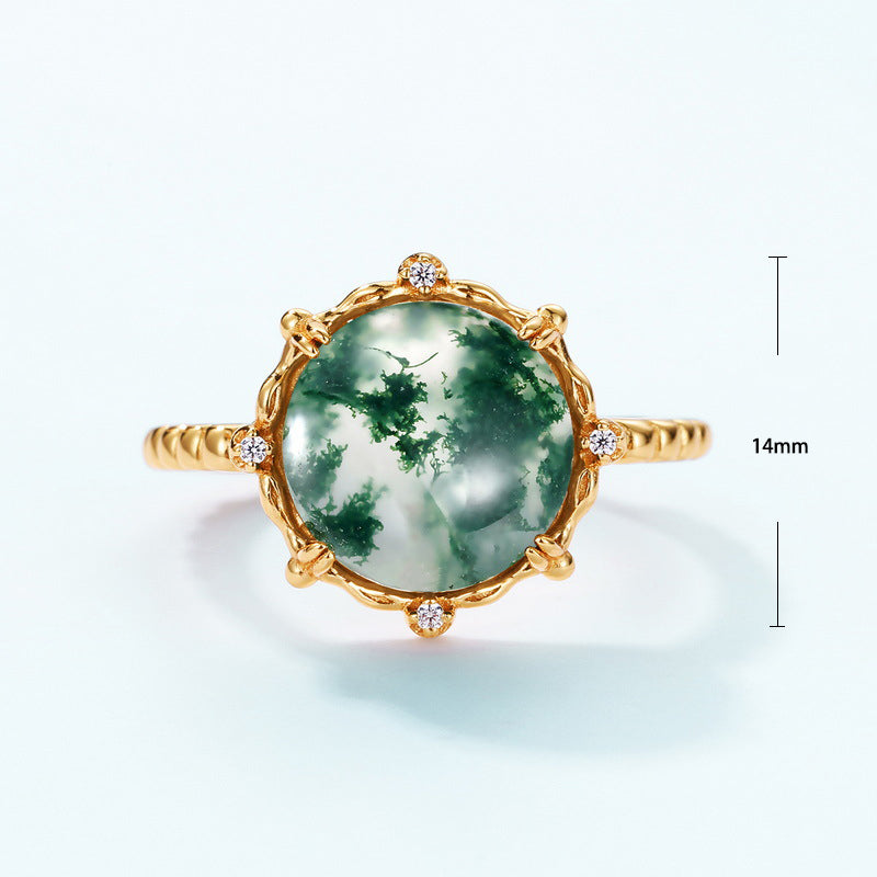 S925 Sterling Silver Jewelry Ring Natural Moss Agate Gemstone Gold Plating Fashion Rings