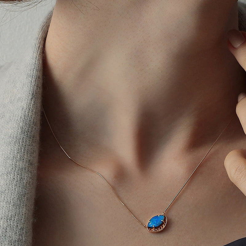 S925 Sterling Silver Jewelry Necklaces Blue Opal Gemstone Mariquesa Style Charms Necklace