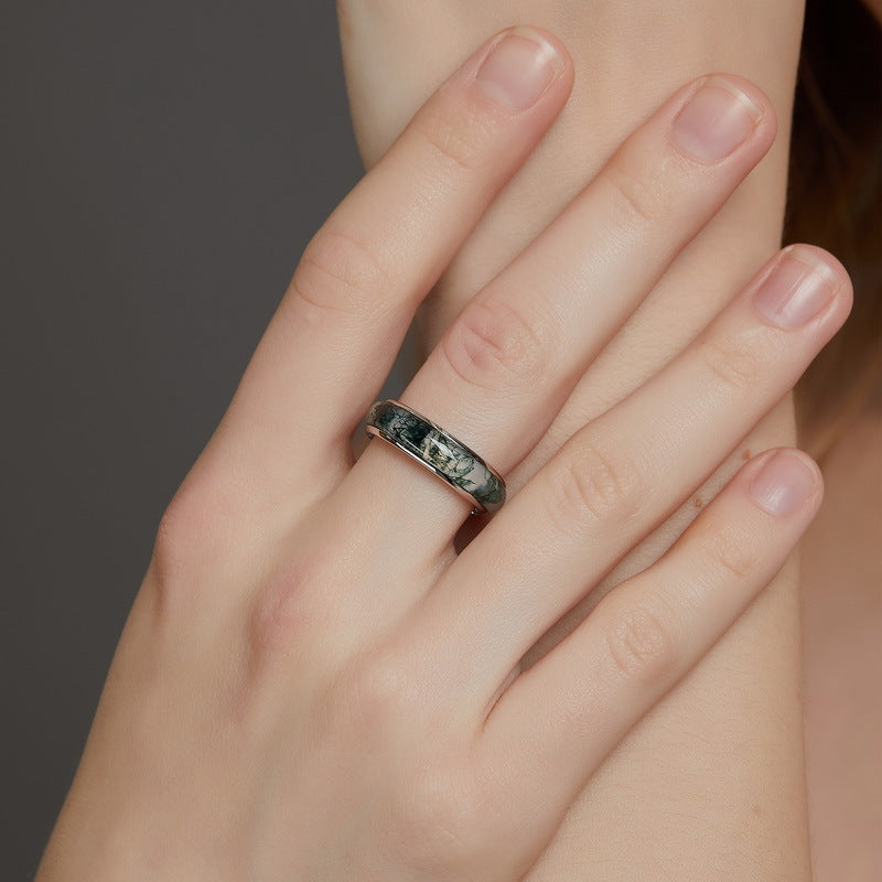 S925 Sterling Silver Jewelry Ring Natural Moss Agate Gemstone Fashion Band Rings