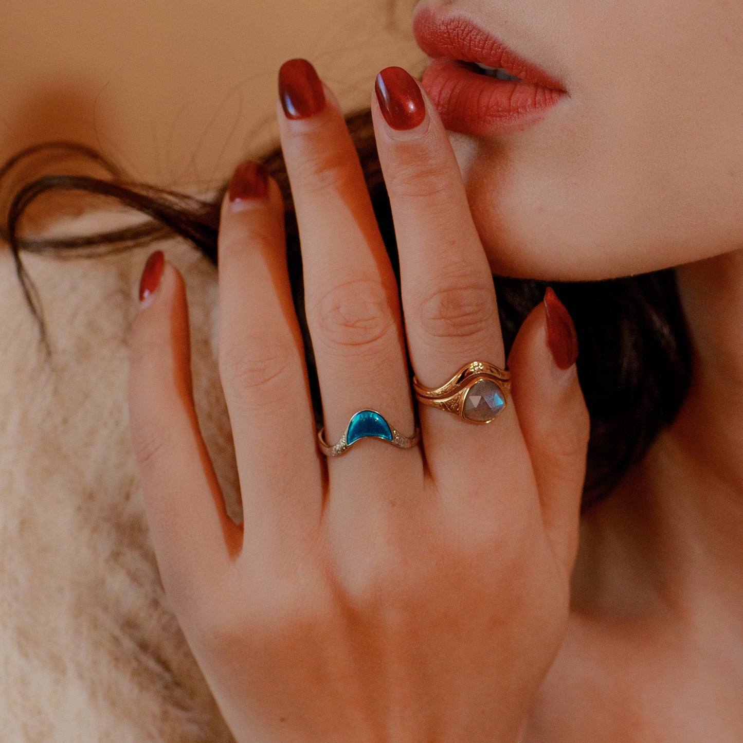 S925 Sterling Silver Jewelry Ring Natural Labradorite Gemstone Irregular Style Stacking Rings