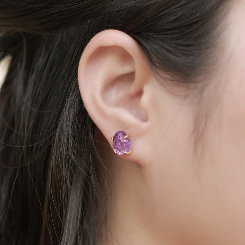 S925 Sterling Silver Jewelry Earrings Natural Amethyst Gemstone Irregular Style Stud Earrings