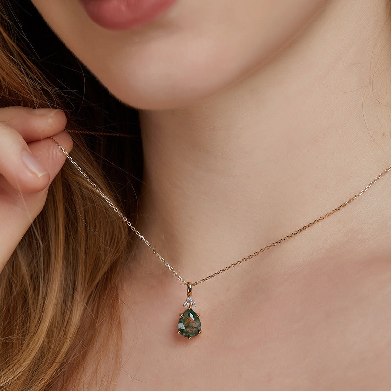 S925 Sterling Silver Jewelry Pendant Natural Moss Agate Gemstone Water Drop Necklace Charms