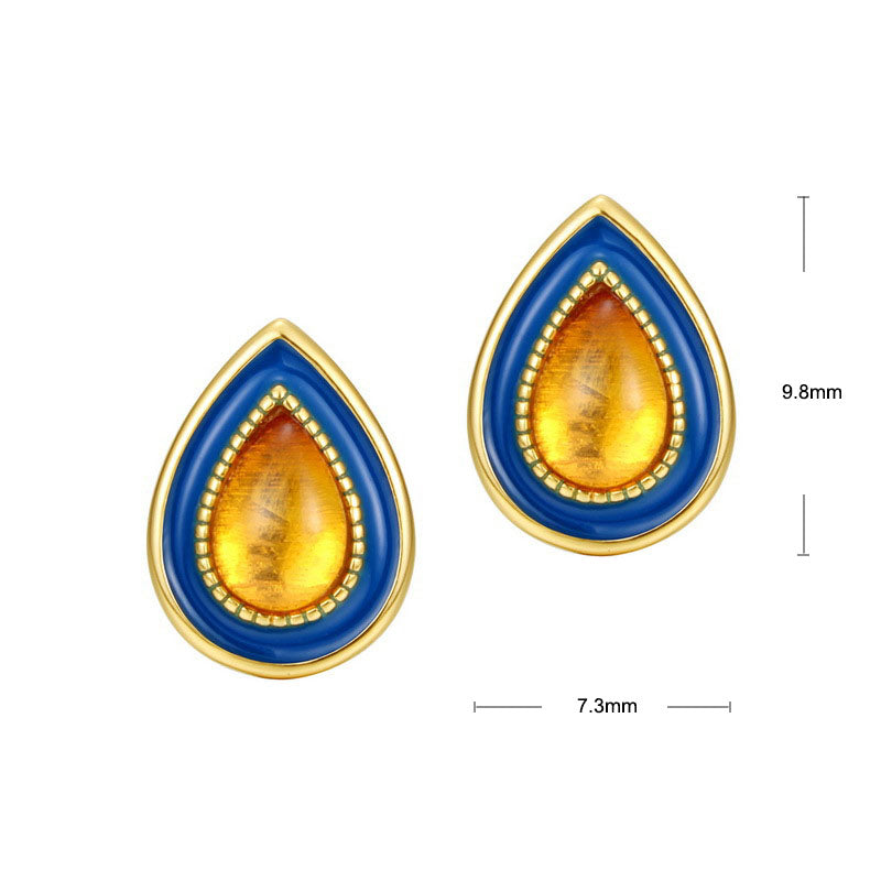 S925 Sterling Silver Jewelry Earrings Natural Amber Vintage Enamel Water Drop Style Earrings