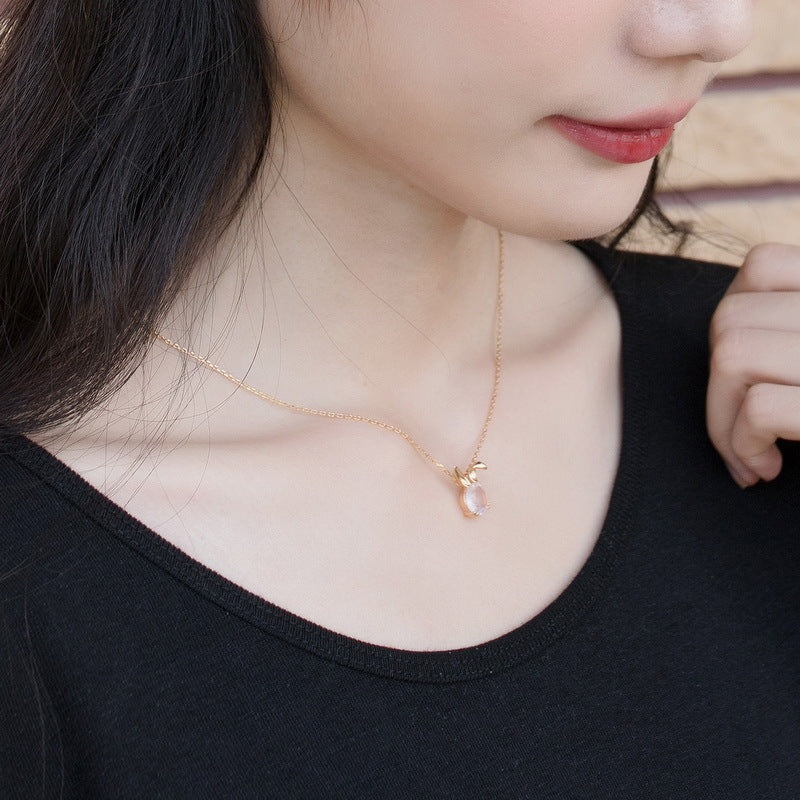 S925 Sterling Silver Jewelry Necklace Natural Rose Quartz Cute Rabbit Charms Choker Necklace