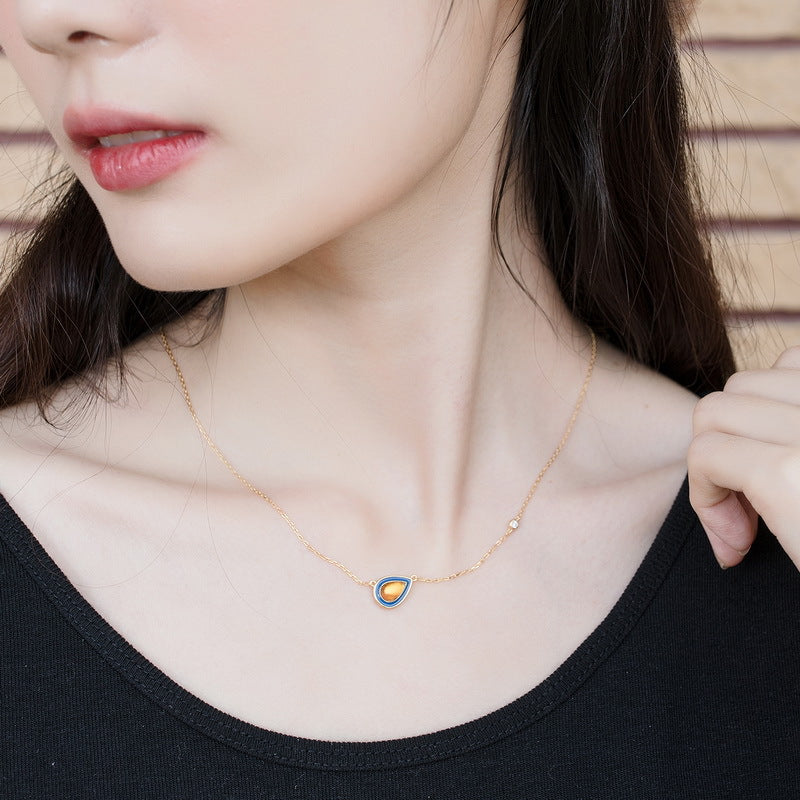S925 Sterling Silver Jewelry Necklace Natural Amber Enamel Water Drop Style Charms Necklaces
