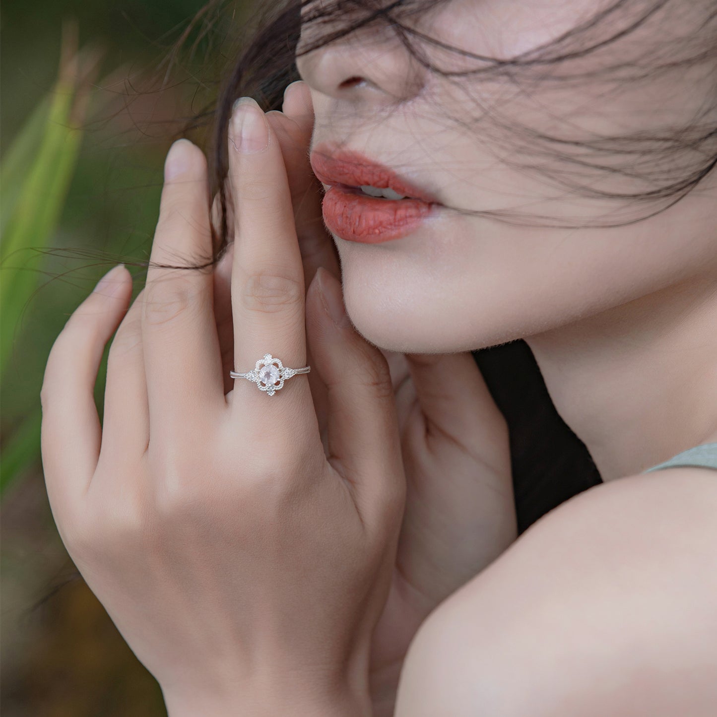 S925 Sterling Silver Jewelry Ring Gold Plating Natural Rose Quartz Gemstone Rings