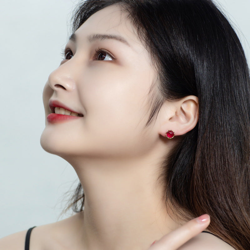 S925 Sterling Silver Jewelry Earrings Red Corundum Gemstone Fashion Stud Earrings