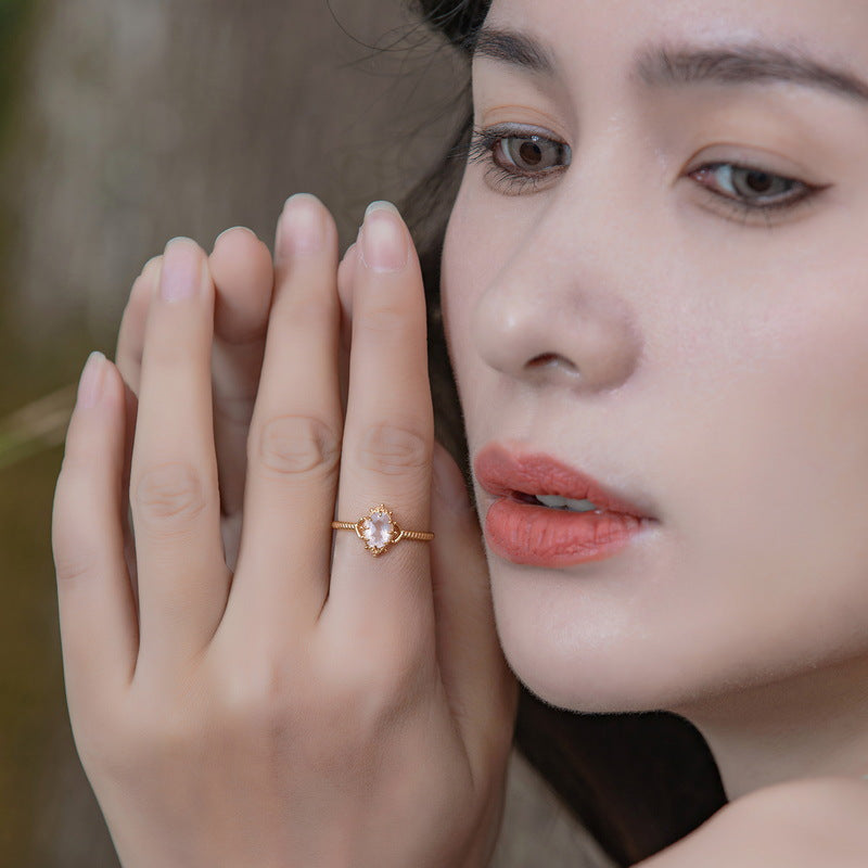S925 Sterling Silver Jewelry Ring Natural Rose Quartz Gemstone Palace Style Rings