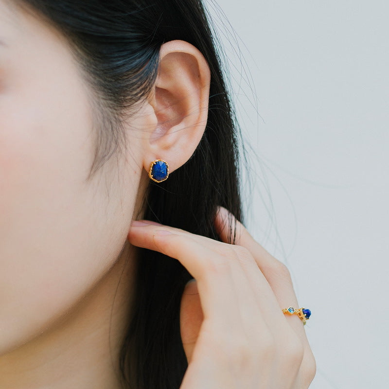 S925 Sterling Silver Jewelry Earrings Natural Lapis Lazuli Gemstone Simple Luxury Earrings