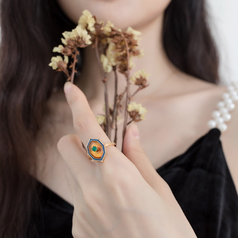 S925 Sterling Silver Jewelry Ring Natural Amber Vintage Palace Style Simple Luxury Rings