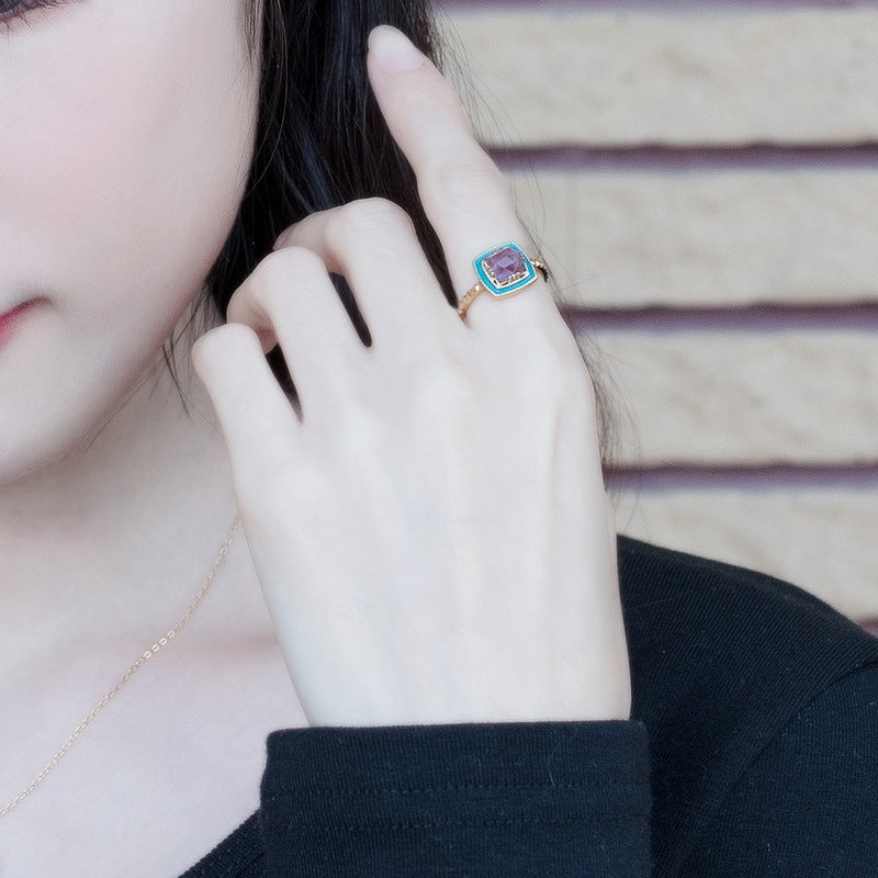 S925 Sterling Silver Jewelry Ring Natural Amethyst Gemstone Enamel Square Style Rings
