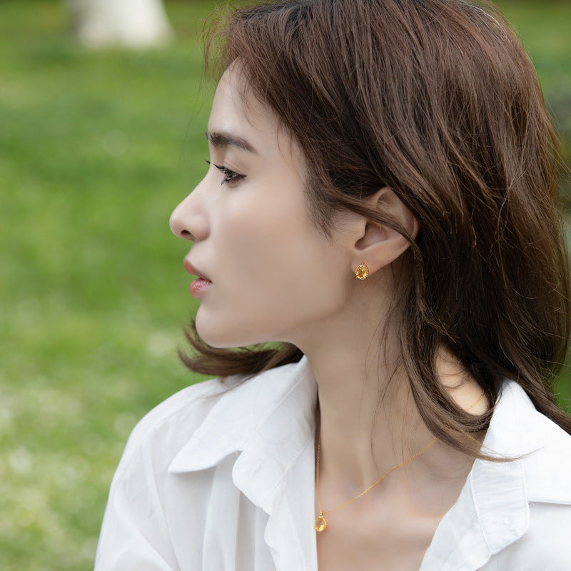 S925 Sterling Silver Jewelry Earrings Natural Citrine Gemstone Water Drop Style Stud Earrings