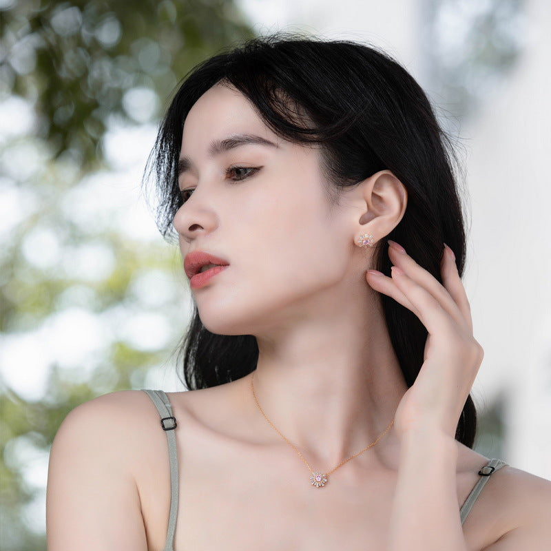 S925 Sterling Silver Jewelry Necklace Pink Zircon Gemstone Sunflower Style Charms Necklace