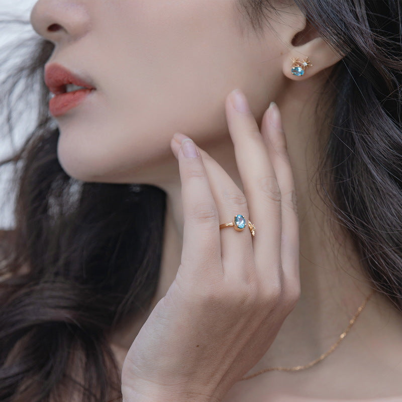 S925 Sterling Silver Jewelry Earrings Natural Swiss Blue Topaz Gemstone Star Style Stud Earrings