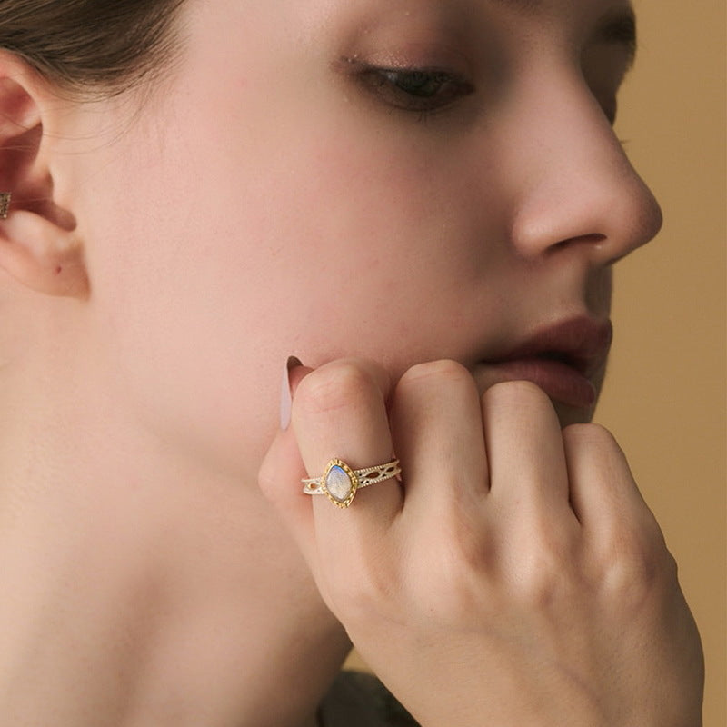 S925 Sterling Silver Jewelry Ring Natural Labradorite Gemstone Vintage Style Fashion Rings