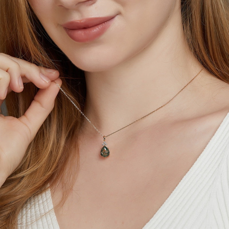 S925 Sterling Silver Jewelry Pendant Natural Moss Agate Gemstone Water Drop Necklace Charms