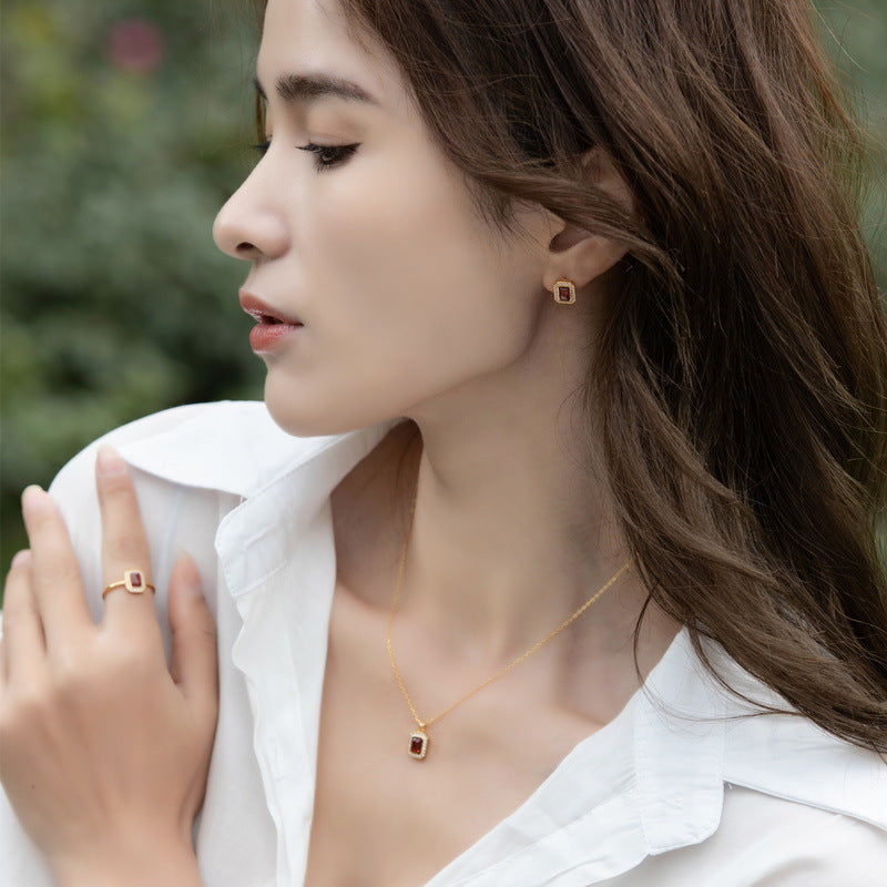 S925 Sterling Silver Jewelry Earrings Natural Mozambique Garnet Gemstone Geometric Earrings