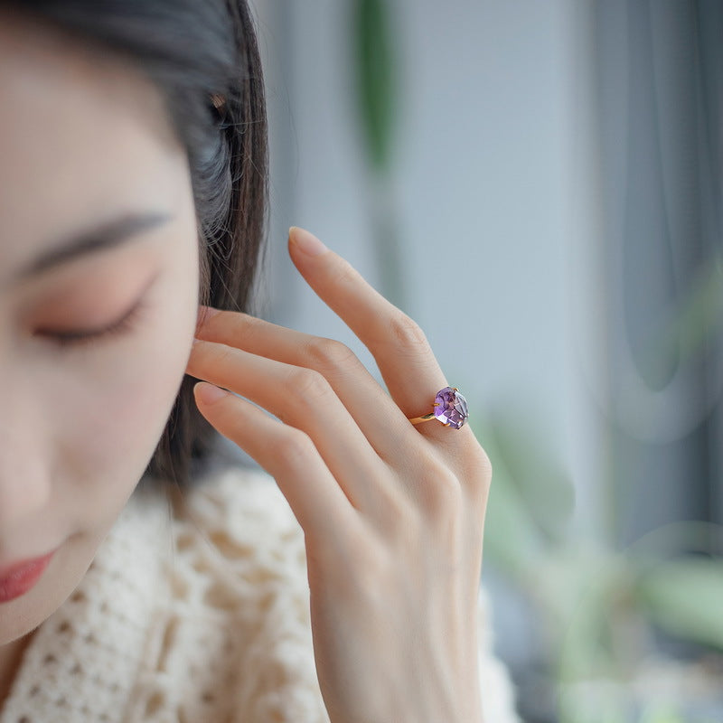 S925 Sterling Silver Jewelry Ring Natural Amethyst Gemstone Irregular Style Rings