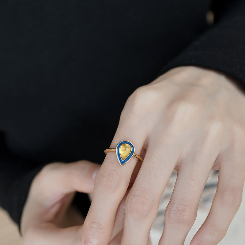 S925 Sterling Silver Jewelry Ring Natural Amber Vintage Enamel Water Drop Style Rings