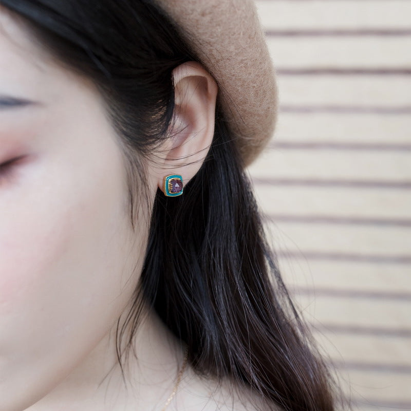 S925 Sterling Silver Jewelry Earrings Natural Amethyst Gemstone Enamel Stud Earrings