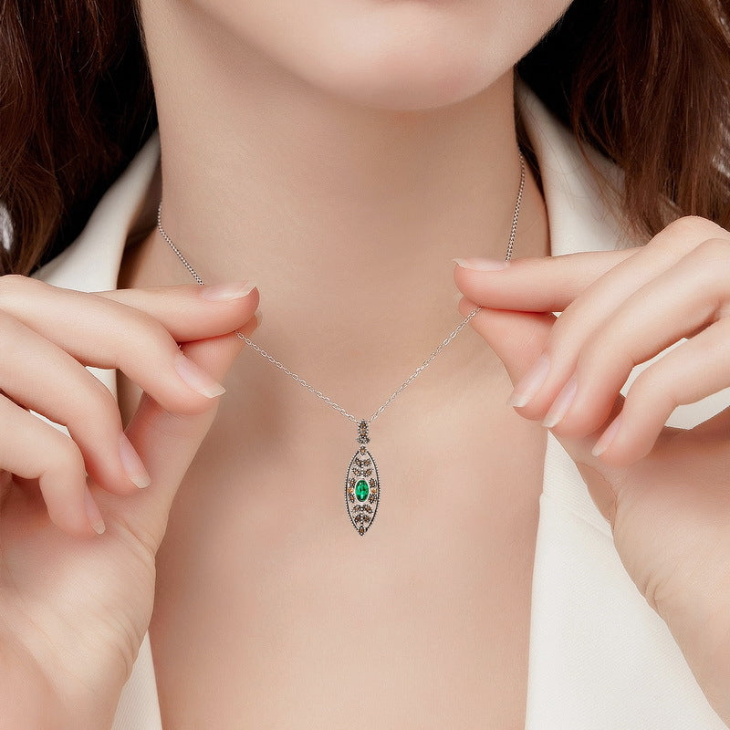 S925 Sterling Silver Jewelry Pendants Lab Grown Emerald Gemstone Vintage Style Necklace Charms