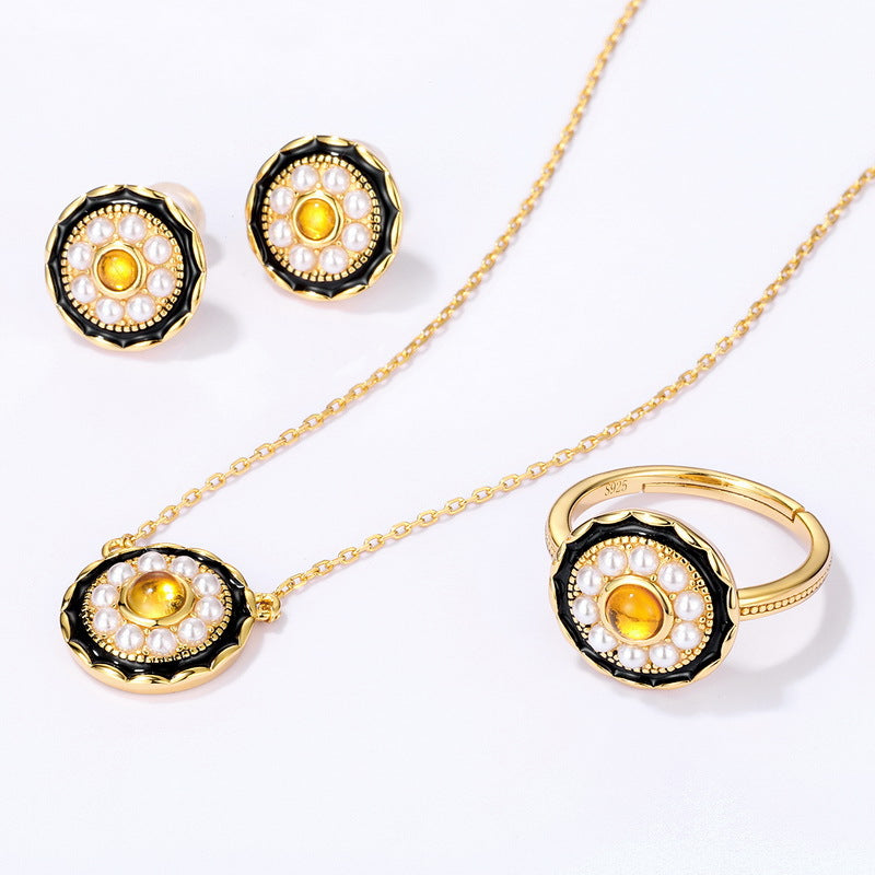 S925 Sterling Silver Jewelry Earrings Natural Amber Vintage Folk Style Pearl Earrings