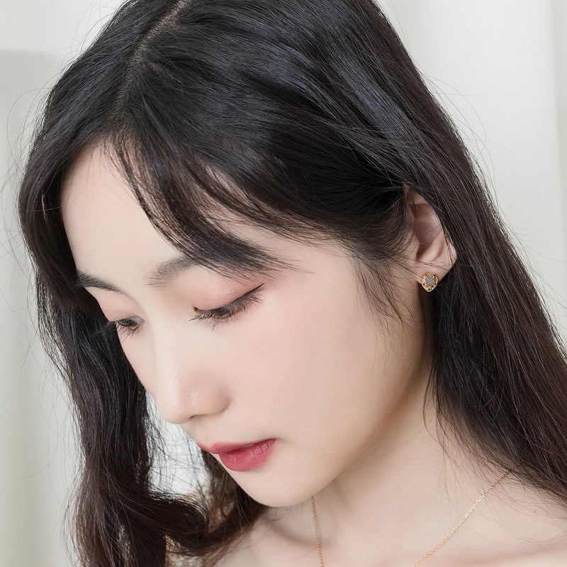 S925 Sterling Silver Jewelry Earrings Natural Labradorite Gemstone Golden Leaf Stud Earrings