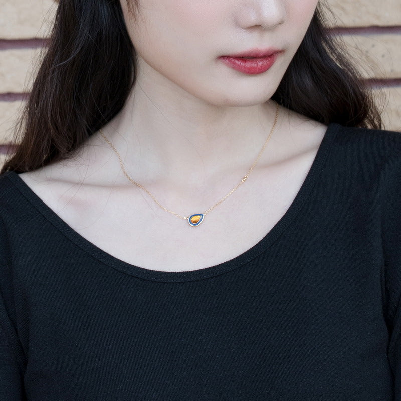 S925 Sterling Silver Jewelry Necklace Natural Amber Enamel Water Drop Style Charms Necklaces