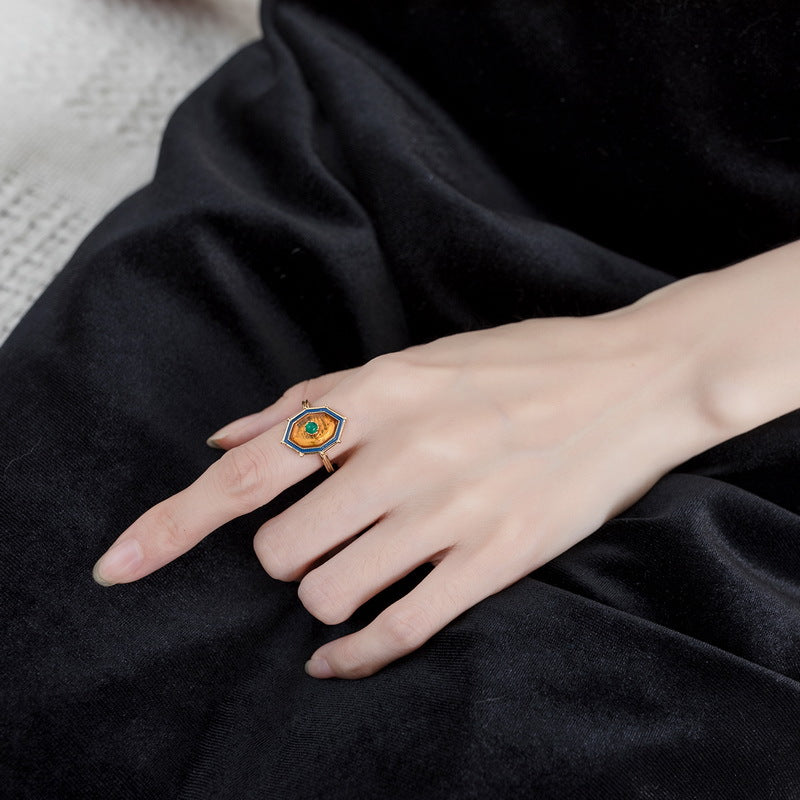 S925 Sterling Silver Jewelry Ring Natural Amber Vintage Palace Style Simple Luxury Rings
