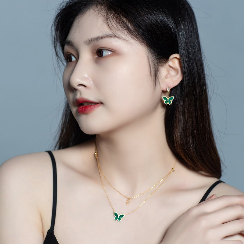 S925 Sterling Silver Jewelry Earrings Natural Malachite Gemstone Butterfly Style Drop Earrings