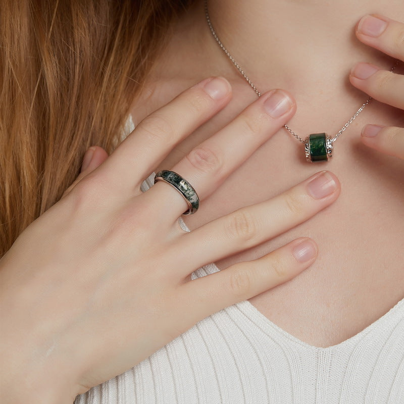 S925 Sterling Silver Jewelry Ring Natural Moss Agate Gemstone Fashion Band Rings