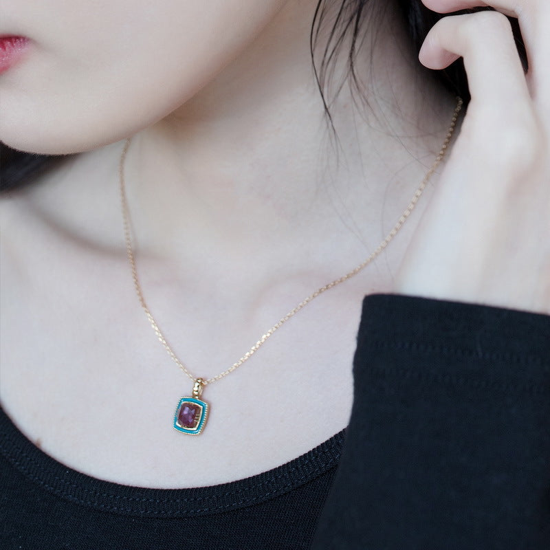 S925 Sterling Silver Jewelry Pendants Natural Amethyst Gemstone Enamel Necklace Charms