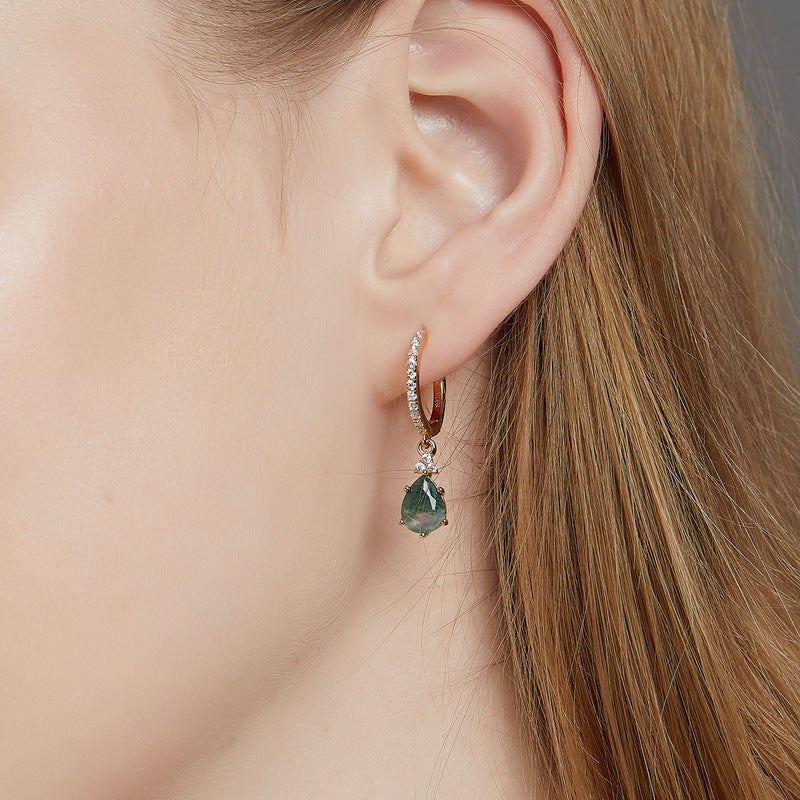 S925 Sterling Silver Jewelry Earrings Natural Moss Agate Gemstone Novel Water Drop Earrings