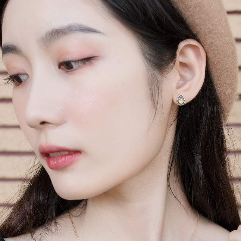 S925 Sterling Silver Jewelry Earrings Natural Amber Vintage Enamel Water Drop Style Earrings