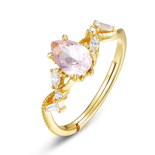S925 Sterling Silver Jewelry Ring Natural Rose Quartz Gemstone Champagne Gold Plating Rings