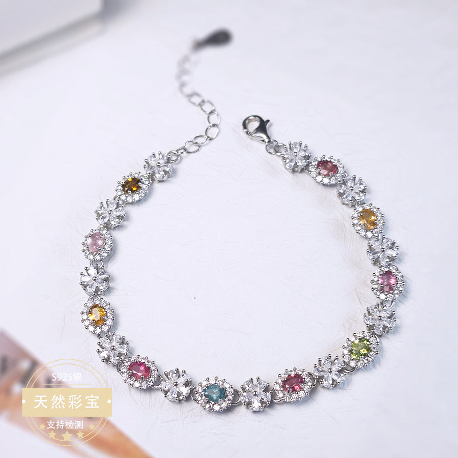 S925 Sterling Silver Jewelry Bracelet Natural Tourmaline Gemstone Floral Style Chain Bracelets